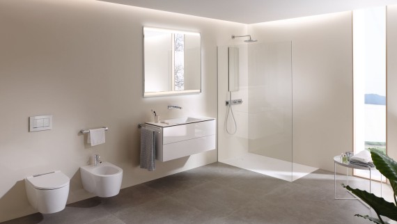 A look inside a large bathroom with Geberit AquaClean Mera shower toilet, bathroom furniture and bathroom ceramics (© Geberit) A look inside a large bathroom with Geberit AquaClean Mera shower toilet, bathroom furniture and bathroom ceramics (© Geberit)