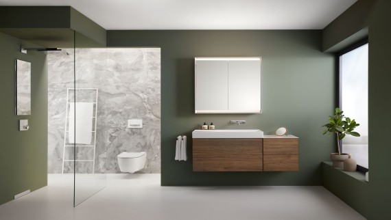 Geberit ONE bathroom with Geberit walk-in shower panel and niche storage box Geberit ONE bathroom with Geberit walk-in shower panel and niche storage box
