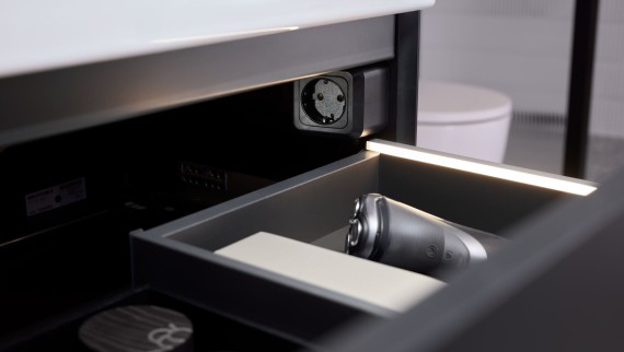 Geberit ONE drawer with light strips and connecting power socket element Geberit ONE drawer with light strips and connecting power socket element