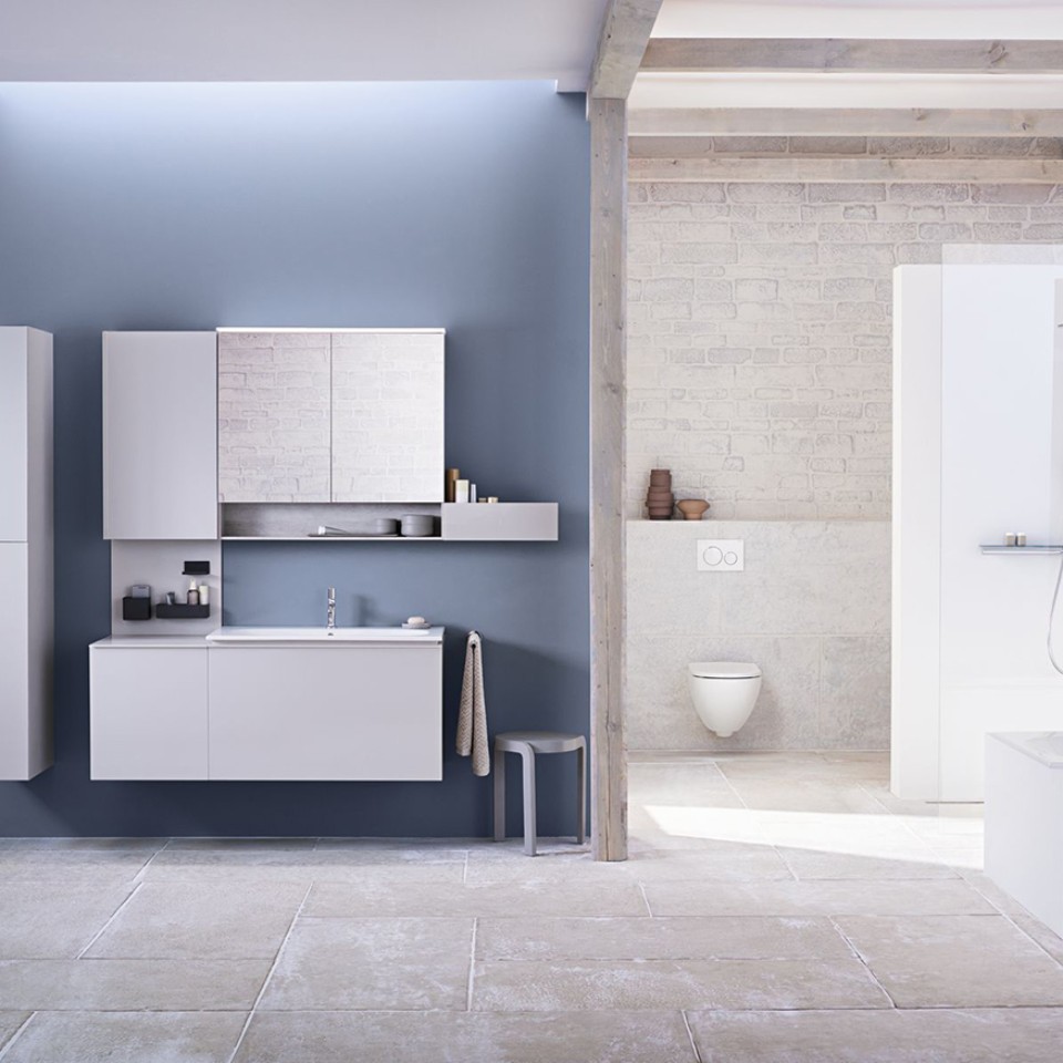 Geberit bathroom Acanto with washbasin, furniture, toilet and bathtub