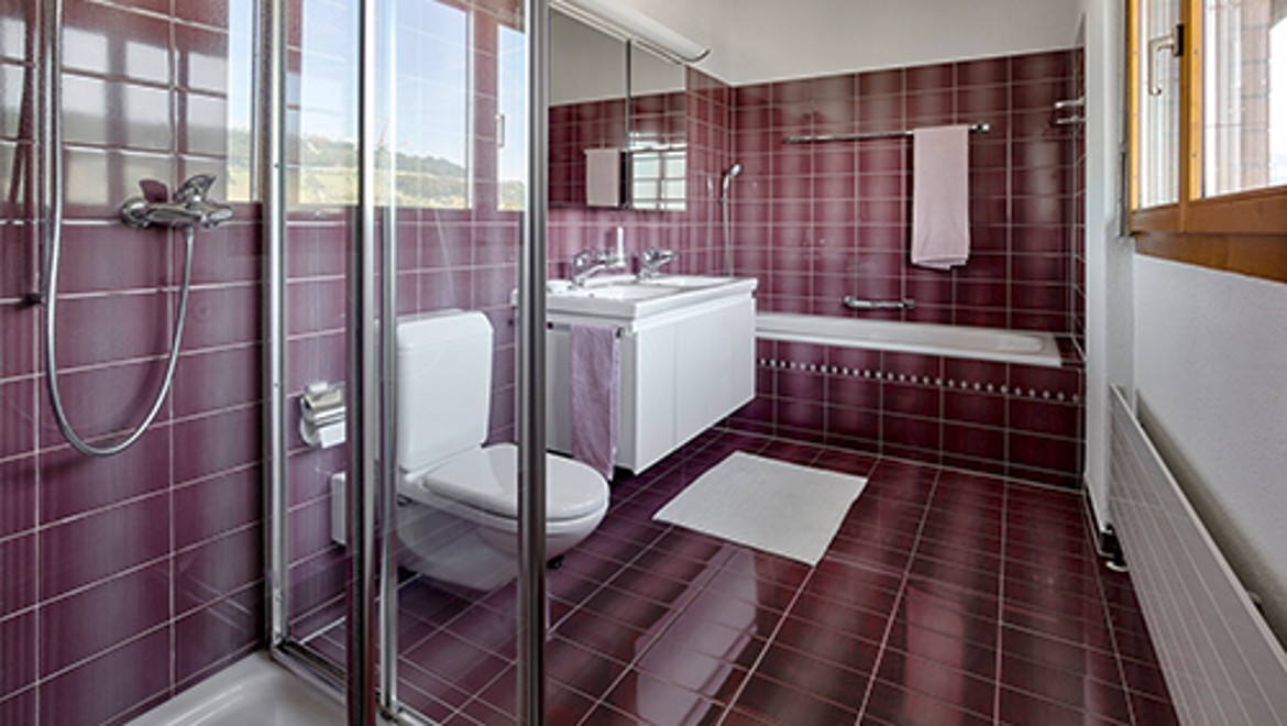 Bathroom before renovation with red tiles