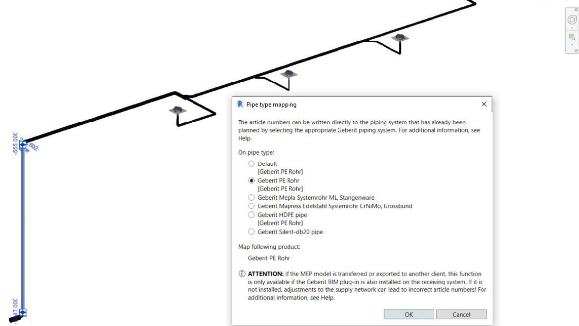 Assigning the article number to the selected system pipe in the Geberit BIM plug-in