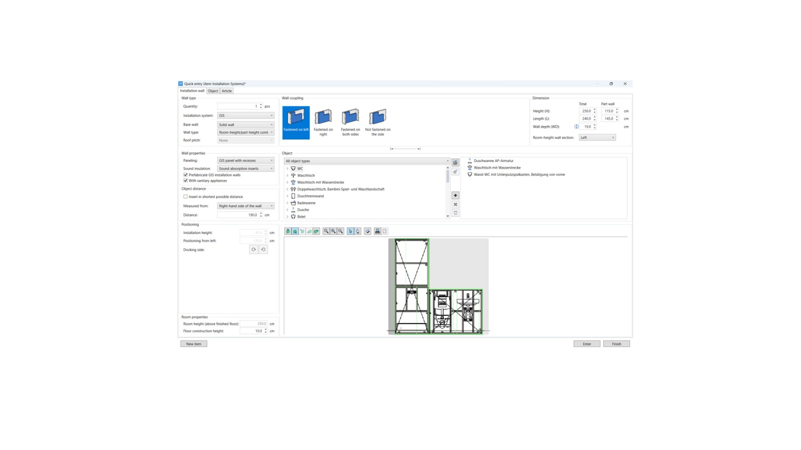 User interface of the planning module for installation systems in Geberit ProPlanner