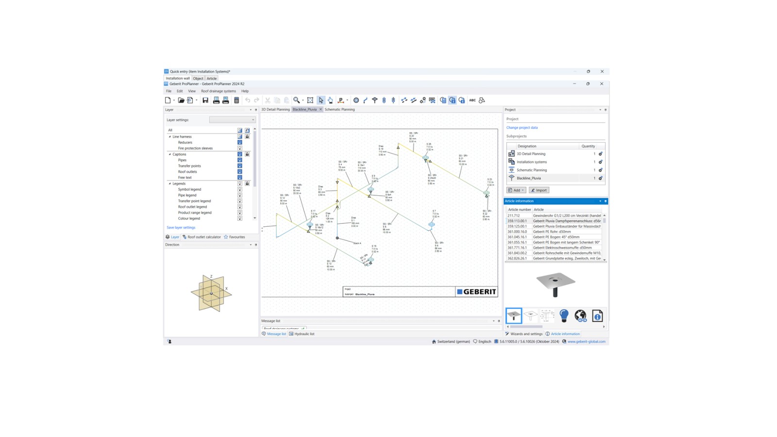 Isometric planning of Geberit Pluvia in Geberit ProPlanner