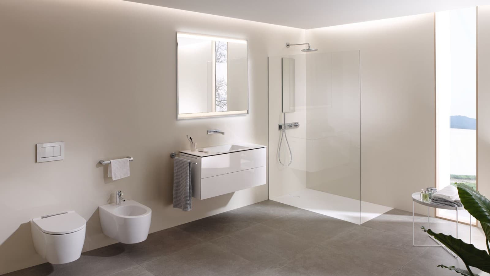 A look inside a large bathroom with Geberit AquaClean Mera shower toilet, bathroom furniture and bathroom ceramics (© Geberit) A look inside a large bathroom with Geberit AquaClean Mera shower toilet, bathroom furniture and bathroom ceramics (© Geberit)
