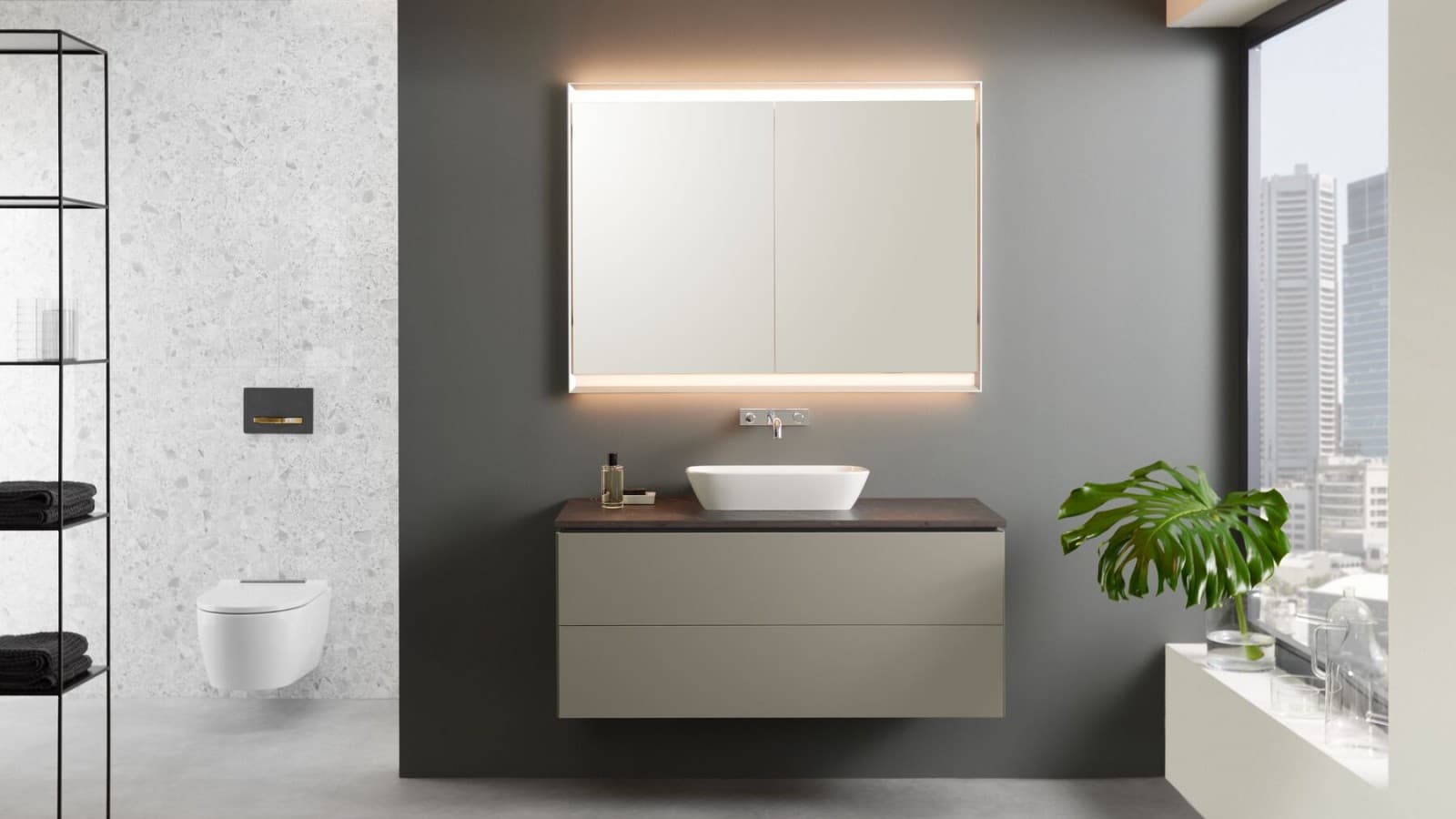 Geberit ONE washbasin cabinet in greige with push-to-open mechanism Geberit ONE washbasin cabinet in greige with push-to-open mechanism