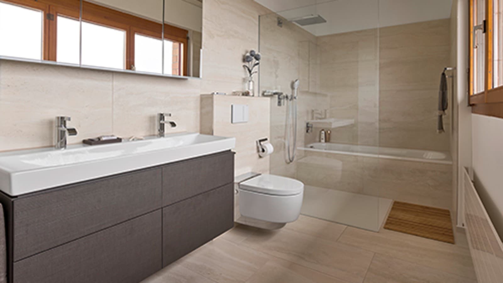 Bathroom with Geberit AquaClean shower toilet after renovation Bathroom with Geberit AquaClean shower toilet after renovation