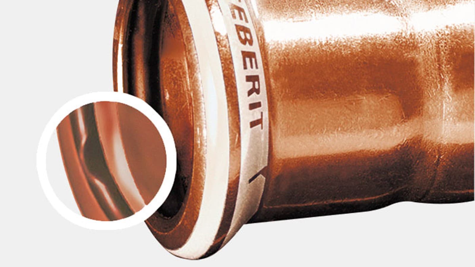 Geberit Mapress Copper fitting with a white pressing indicator and black O-ring Geberit Mapress Copper fitting with a white pressing indicator and black O-ring